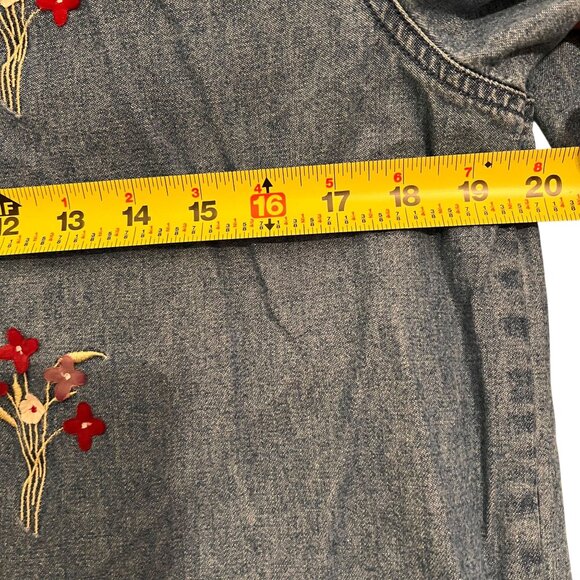 Lemon Grass Denim Shirt Jacket Floral Embroidery Red Plaid Front Panel Petite M - Picture 12 of 14